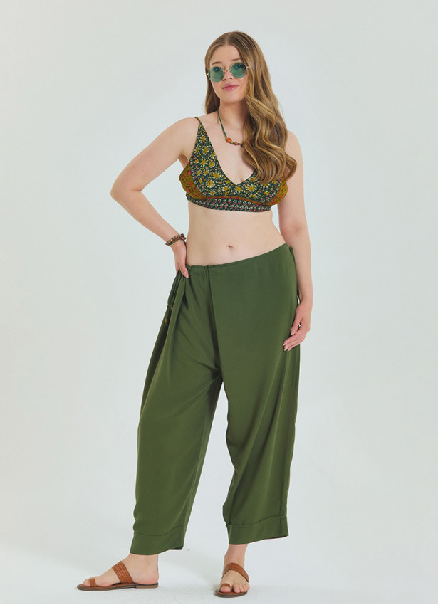 P Adjustable Waist Khaki Women's Plus Size Trousers with Rope Detail 4621